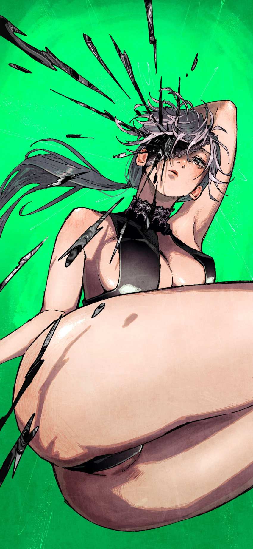 1girl absurdres black_one-piece_swimsuit breasts chainsaw_man erupusai2 eyepatch highleg highleg_swimsuit highres lipstick long_hair looking_at_viewer makeup medium_breasts one-piece_swimsuit parted_lips ponytail quanxi_(chainsaw_man) simple_background sleeveless solo swimsuit white_hair
