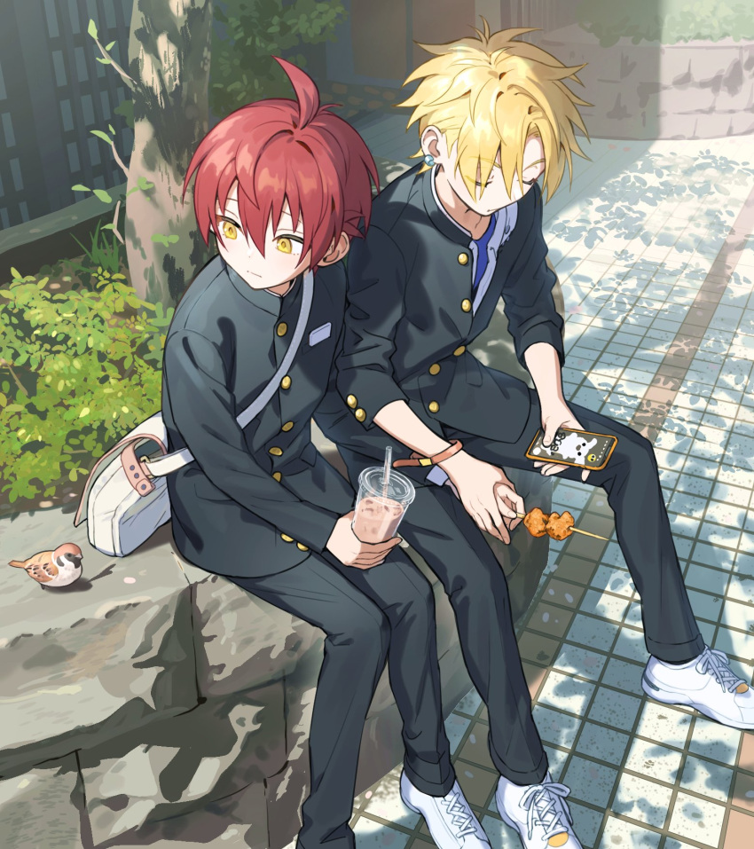 2boys bird black_jacket black_pants blonde_hair cellphone closed_eyes closed_mouth cup dappled_sunlight day ear_piercing food gakuran highres holding holding_cup holding_food holding_phone holding_skewer jacket long_sleeves male_focus multiple_boys original outdoors pants phone piercing pillow_(nutsfool) red_hair school_uniform shoes sitting skewer smartphone sneakers spiked_hair sunlight tree white_footwear yellow_eyes