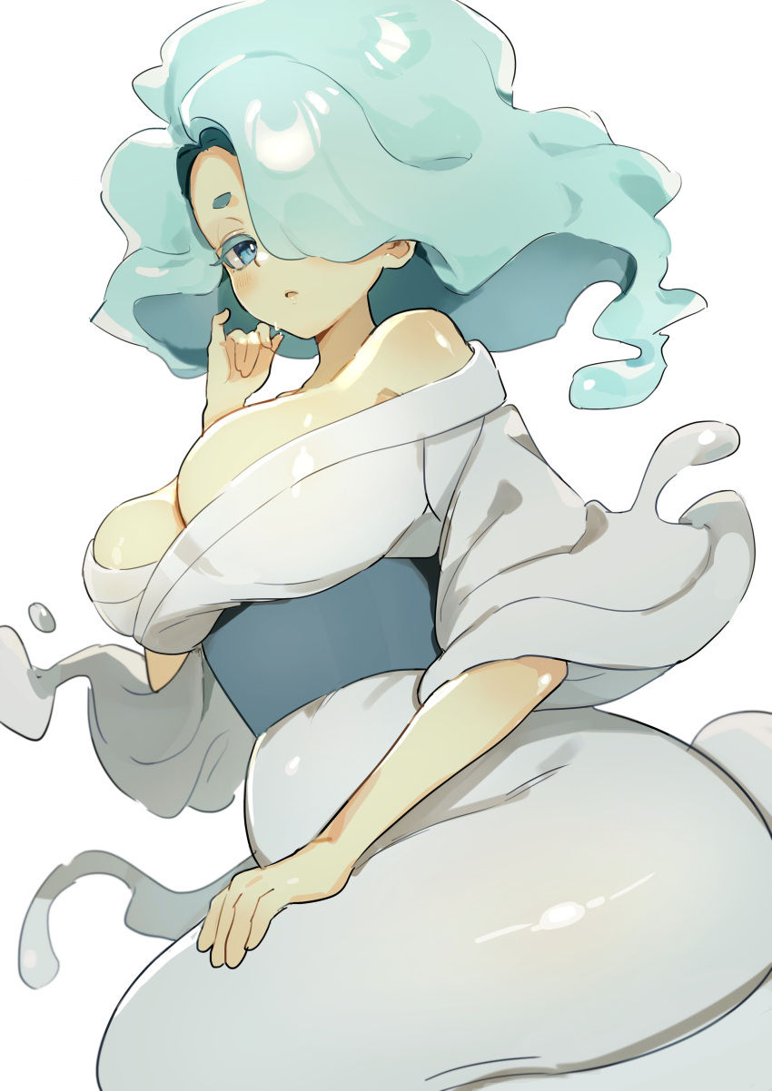 1girl absurdres aqua_eyes aqua_hair bare_shoulders breasts cleavage en'enra enraenra_(youkai_watch) hair_over_one_eye highres japanese_clothes kimono kmnk_(kumanuko) large_breasts long_hair looking_at_viewer monster_girl off_shoulder simple_background solo traditional_youkai white_background youkai_(youkai_watch) youkai_watch