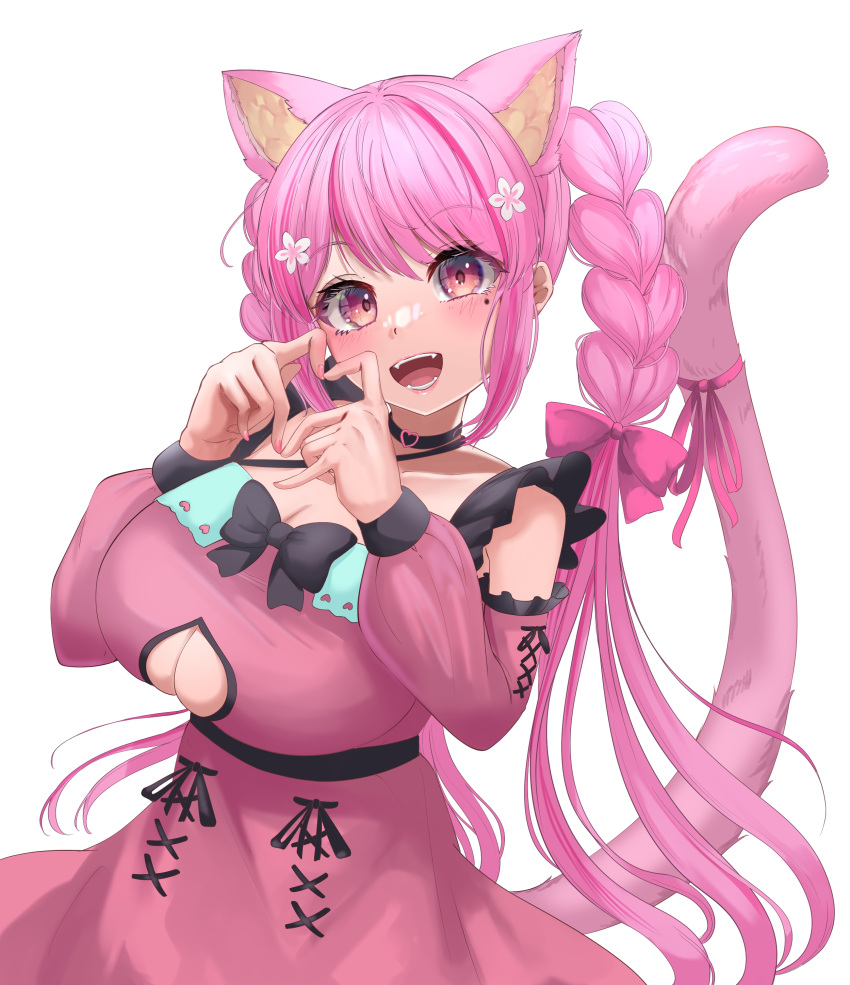 1girl absurdres amemiya_arikapu animal_ears black_collar blush braid breasts cat_ears cat_girl cleavage_cutout clothing_cutout collar commentary_request detached_sleeves extra_ears heart_cutout highres huge_breasts indie_virtual_youtuber looking_at_viewer mole mole_under_eye momonya_miyui open_mouth side_braids simple_background solo twin_braids virtual_youtuber white_background
