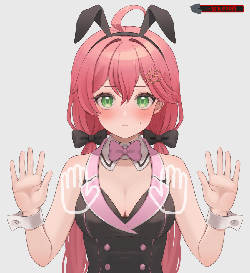 1girl :&lt; absurdres ahoge alternate_costume animal_ears black_vest blush bow bowtie breasts bunny_garden buttons cleavage collared_vest commentary_request detached_collar double-breasted double-parted_bangs fake_animal_ears green_eyes hair_between_eyes hair_bow hair_ornament hairclip hanazawa_ma hands_up highres hololive lapels large_breasts long_hair looking_at_viewer low_twintails notched_lapels pink_bow pink_hair rabbit_ears sakura_miko simple_background small_sweatdrop solo twintails upper_body vest virtual_youtuber white_background wrist_cuffs