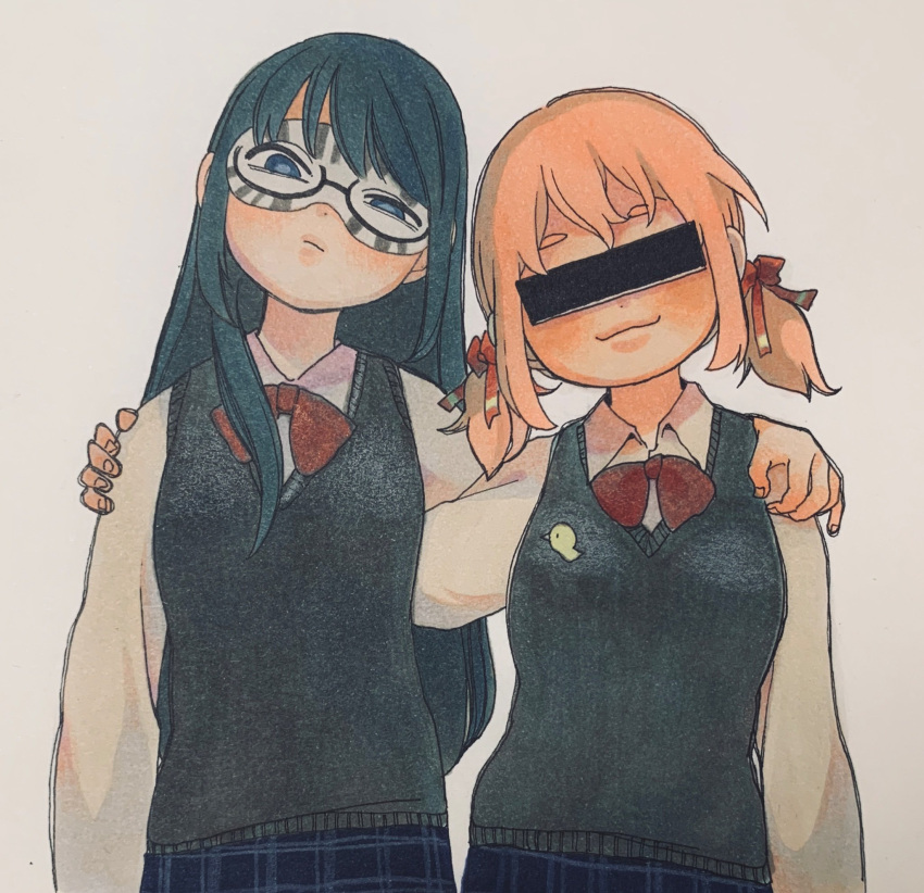 2girls :3 arm_around_shoulder aruko_okara bar_censor blue_eyes blue_hair blue_skirt blue_sweater_vest blush bow bowtie breasts censored closed_mouth collared_shirt commentary_request covered_eyes domino_mask facing_viewer frown glaring glasses hair_bow head_tilt highres indie_virtual_youtuber large_breasts long_hair long_sleeves looking_at_viewer low_twintails mask multiple_girls multiple_hair_bows pink_hair plaid plaid_skirt red_bow red_bowtie school_uniform shirt short_twintails side-by-side simple_background skirt smile sweater_vest takara_toji tokumei_radio twintails uneven_eyes virtual_youtuber white_background white_shirt zanko