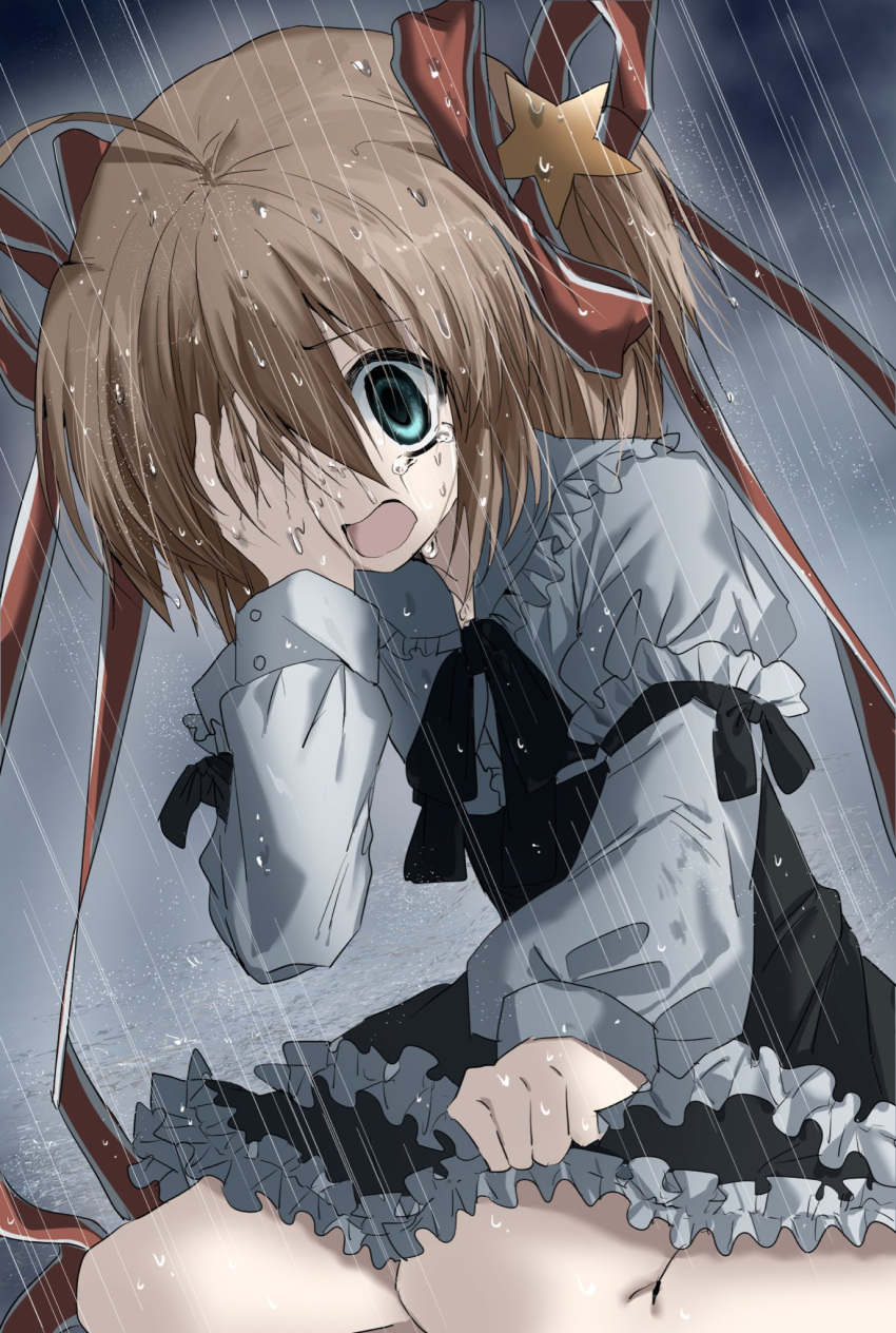 1girl ahoge black_bow black_dress black_ribbon blonde_hair bow crying crying_with_eyes_open dress empty_eyes feet_out_of_frame frilled_dress frilled_sleeves frills gothic_lolita hair_between_eyes hair_ornament hair_ribbon hand_over_eye hand_up highres kamikita_komari kasukasugom1 kneeling leaning_forward little_busters! lolita_fashion long_ribbon long_sleeves medium_hair neck_ribbon official_alternate_costume open_mouth outdoors puffy_long_sleeves puffy_sleeves rain red_ribbon ribbon sad short_dress sleeve_bow solo spoilers star_(symbol) star_hair_ornament streaming_tears tears traumatized two_side_up wet wet_clothes wet_hair wide-eyed