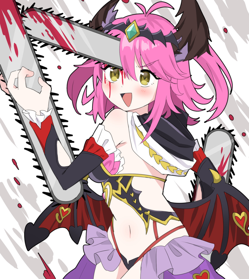1girl :d antenna_hair bare_shoulders blood blood_on_face blood_on_weapon blush chainsaw chainsaw_man commentary_request cowboy_shot demon_girl demon_horns demon_wings detached_sleeves eden's_ritter_grenze frilled_sleeves frills hand_up heart heart-shaped_pupils highres horns irvina medium_hair navel nemu_milk open_mouth panties parody pink_hair smile smug solo string_panties symbol-shaped_pupils tiara two_side_up underwear upturned_eyes v-shaped_eyebrows weapon wings yellow_eyes