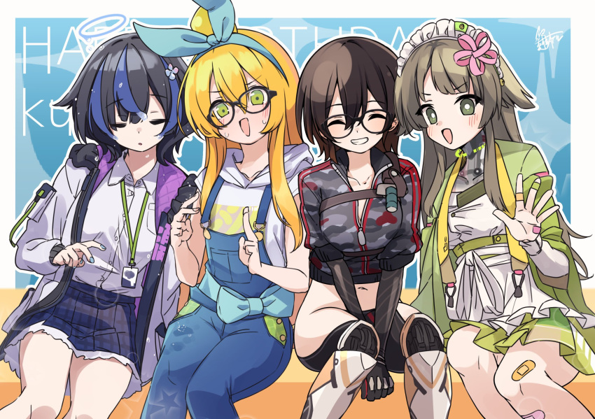 4girls ^_^ android bandaid bandaid_on_knee bandaid_on_leg between_legs black-framed_eyewear black_gloves black_hair blonde_hair blue_hair blue_nails blue_skirt breasts brown_hair character_request closed_eyes collarbone collared_shirt commentary_request cropped_jacket dress_shirt feet_out_of_frame glasses gloves green_eyes green_jacket green_skirt grey_hoodie grey_jacket grin hair_between_eyes hair_flaps hand_between_legs highres hololive hood hood_down hoodie jacket long_hair long_sleeves medium_breasts multicolored_hair multiple_girls nail_polish natsuki_teru navel open_clothes open_jacket overalls parted_lips plaid plaid_skirt pleated_skirt puffy_long_sleeves puffy_sleeves roboco-san shirt short_sleeves signature sitting skirt sleeves_past_wrists smile star_(symbol) streaked_hair v-shaped_eyebrows very_long_hair white_shirt