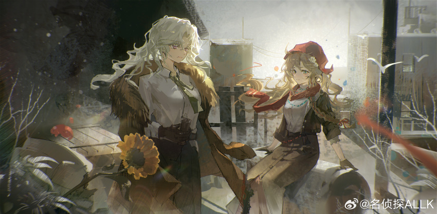 2girls absurdres allk_(pixiv_31494296) black_gloves blonde_hair brown_coat button_up_skirt coat flower fur-trimmed_coat fur_trim gloves head_scarf highres long_hair multiple_girls print_scarf red_scarf reverse:1999 scarf shirt smile sunflower vila_(reverse:1999) weibo_watermark white_hair white_shirt windsong_(reverse:1999)