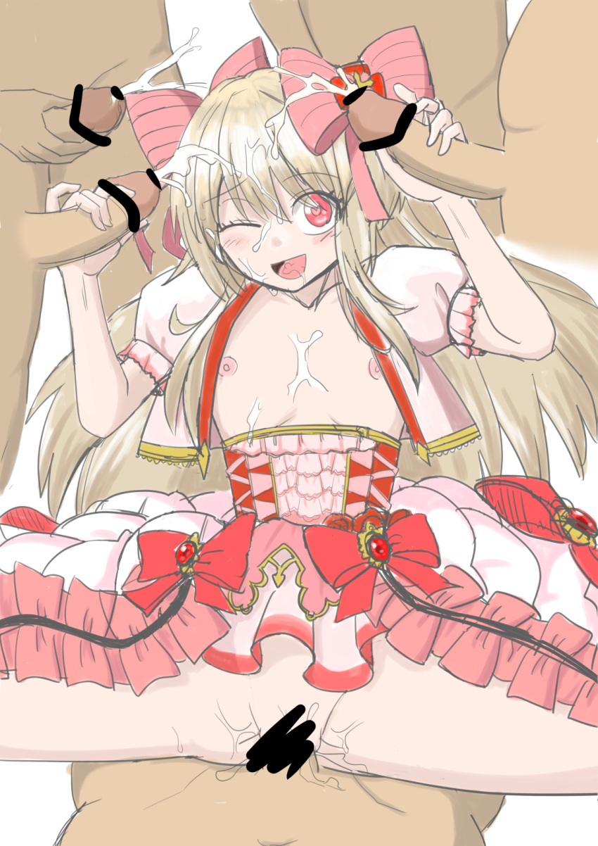 1girl 5boys blonde_hair censored chaos_marie_(grimms_notes) collarbone cowgirl_position cum cum_in_mouth cum_on_chest double_handjob dress flower frills gouhourairaku_(goohourairaku) grimms_notes group_sex hair_ribbon handjob highres long_hair mosaic_censoring multicolored_hair multiple_boys nipples one_eye_closed open_clothes penis puffy_sleeves red_flower red_rose ribbon rose sex simple_background sketch solo_focus straddling surrounded_by_penises unfinished vaginal white_background wings