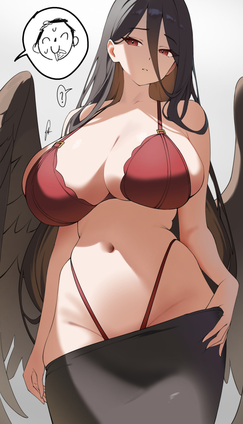 1girl ? absurdres alternate_costume black_hair black_skirt black_wings blue_archive bra breasts bright_pupils clothes_pull commentary doodle_sensei_(blue_archive) feathered_wings groin hasumi_(blue_archive) highleg highleg_panties highres long_hair long_hair_between_eyes looking_at_another navel panties raian_(adji213) red_bra red_eyes red_panties sensei_(blue_archive) sideboob signature skirt skirt_pull solo spoken_expression spoken_question_mark stomach straight_hair underwear very_long_hair white_pupils wings