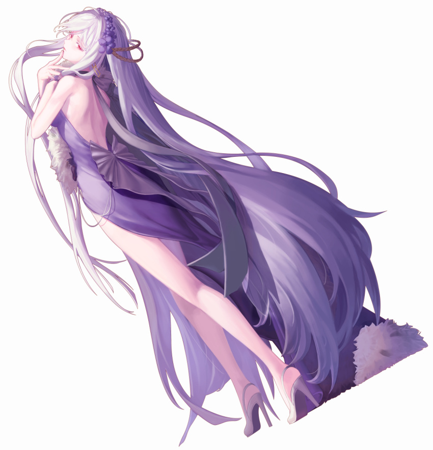 1girl backless_dress backless_outfit dress english_commentary flower_hairband from_behind full_body girls'_frontline hand_on_own_chin high_heels highres kar98k_(girls'_frontline) long_hair looking_at_viewer official_alternate_costume purple_dress red_eyes simple_background solo tea_line very_long_hair white_background white_hair