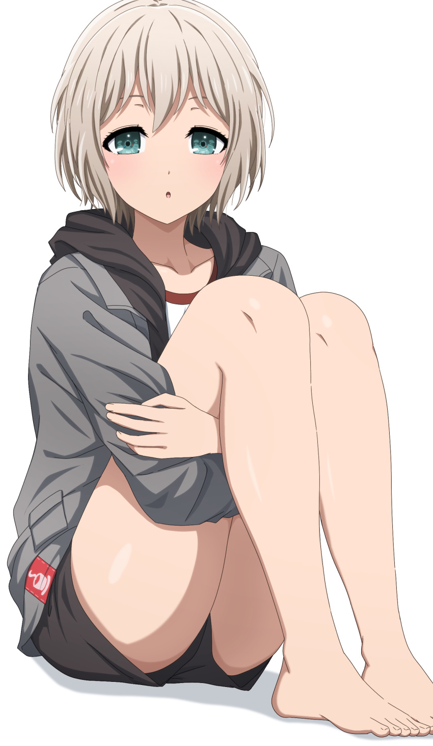 1girl :o absurdres aoba_moca aqua_eyes bang_dream! bare_legs barefoot black_shorts collarbone commentary_request foot_out_of_frame grey_hair grey_jacket hands_up highres hood hood_down hooded_jacket hugging_own_legs jacket knees_up long_sleeves looking_at_viewer noshimurin open_clothes open_jacket parted_lips pocket shadow shirt short_hair shorts simple_background sitting solo white_background white_shirt