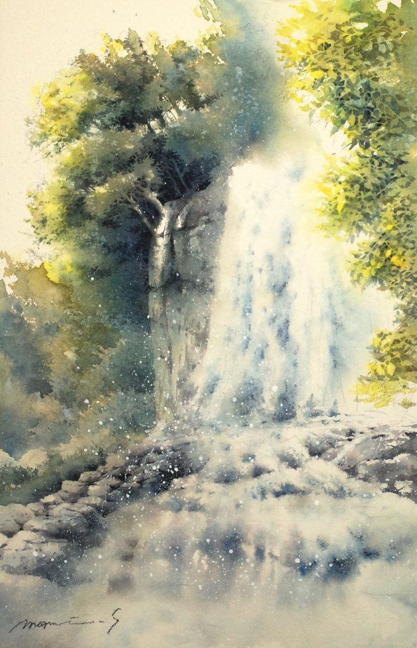 cliff forest highres nature no_humans original painting_(medium) river riverbank scenery shimizu_megumi_(m_acquerello) traditional_media tree water water_drop watercolor_(medium) waterfall