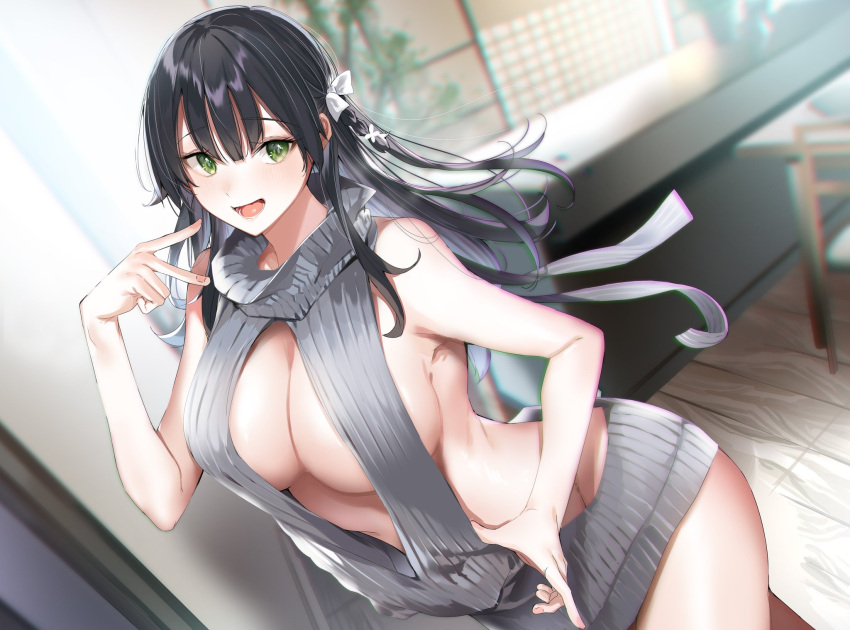 1girl :d backless_dress backless_outfit bare_arms bare_back bare_shoulders black_hair blurry blush bow braid breasts cleavage cowboy_shot depth_of_field dress green_eyes grey_sweater groin hair_between_eyes hair_bow halterneck highres hitotsuba_kaede indoors inward_v kakao_(chocolate_land) large_breasts long_hair looking_at_viewer meme_attire naked_sweater novel_illustration official_art open_mouth pink_nails ribbed_sweater ryoushin_no_shakkin side_braid sideboob sidelocks sleeveless sleeveless_turtleneck smile solo sweater sweater_dress turtleneck turtleneck_sweater virgin_killer_sweater white_bow