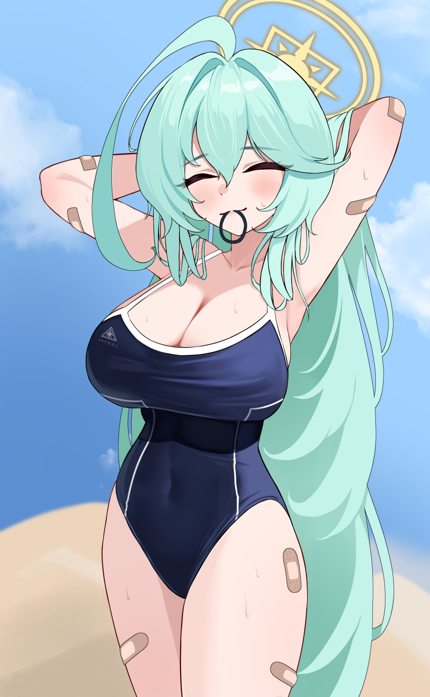 1girl 82jhin ^_^ absurdres abydos_high_school_swimsuit adjusting_hair ahoge armpits arms_behind_head bandaid bandaid_on_arm bandaid_on_thigh blue_archive blue_sky blurry blush breasts cleavage closed_eyes cloud cloudy_sky collarbone commentary_request competition_school_swimsuit depth_of_field desert green_hair hair_between_eyes halo highres horizon large_breasts long_hair looking_at_viewer mouth_hold official_alternate_costume outdoors presenting_armpit school_swimsuit sidelocks sky smile solo spaghetti_strap sweat swimsuit thick_thighs thighs yume_(blue_archive)