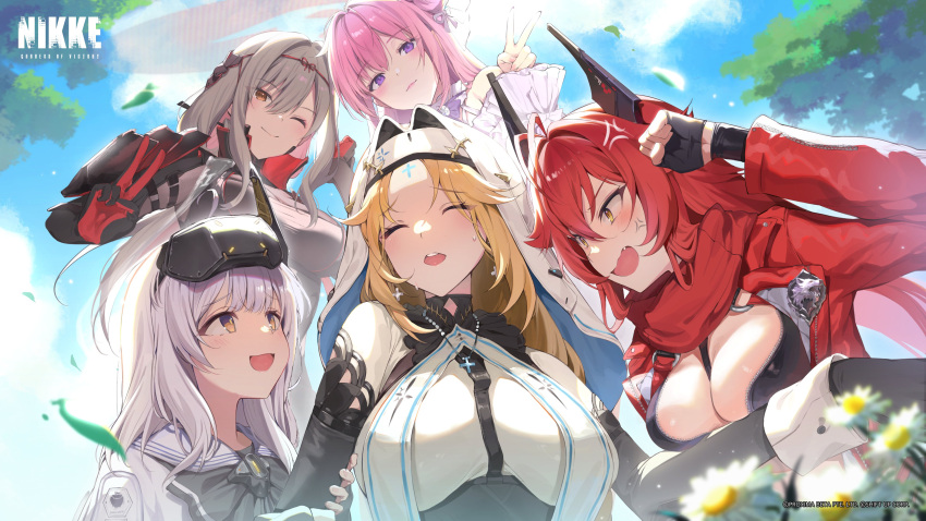 5girls absurdres arm_guards armor armored_bodysuit between_breasts black_bodysuit blonde_hair bodysuit breasts cleavage closed_eyes cropped_jacket dorothy_(nikke) fingerless_gloves flower flower-shaped_hair gloves goddess_(nikke) goddess_of_victory:_nikke grabbing_another's_arm grey_bodysuit grey_hair head-mounted_display highres horns jacket japanese_armor large_breasts leaf leather leather_jacket mechanical_horns multiple_girls official_art open_mouth pink_hair rapunzel_(nikke) red_hair red_hood_(nikke) red_scarf scarf scarlet_(black_shadow)_(nikke) scarlet_(nikke) shiny_eyes snow_white_(innocent_days)_(nikke) snow_white_(nikke) strap_between_breasts tree v visor_lift white_hair you_guo_chaocai