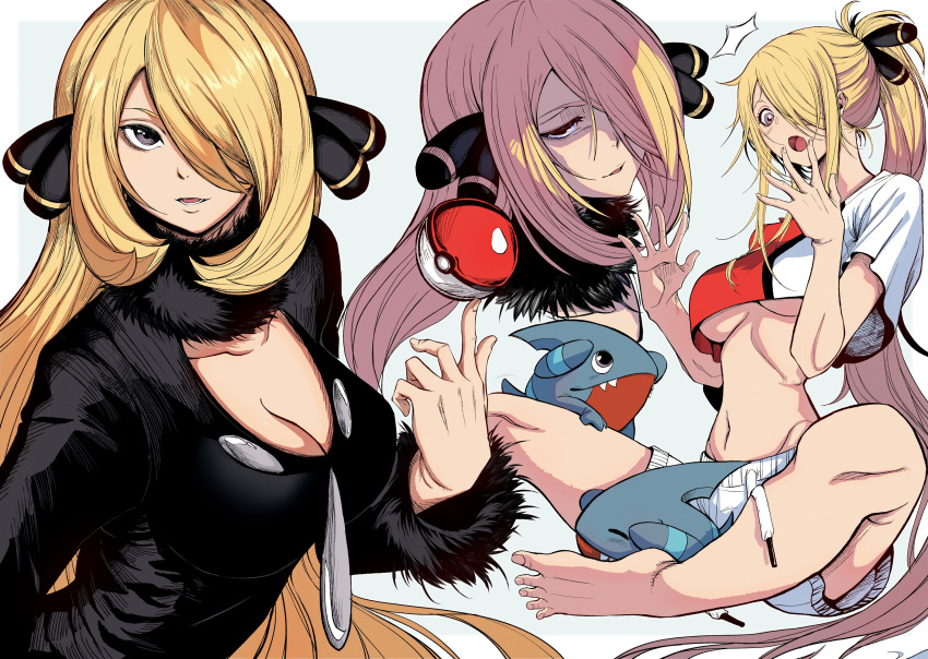 1girl absurdres alternate_costume blonde_hair breasts cleavage coat cynthia_(pokemon) fur_collar fur_trim gible grey_eyes hair_ornament hair_over_one_eye highres jesse_schickler large_breasts long_hair looking_at_viewer navel open_mouth poke_ball pokemon pokemon_dppt pokemon_platinum ponytail smile underboob very_long_hair white_background