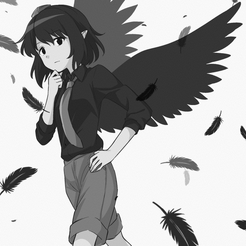 1girl bird_wings closed_mouth collared_shirt commentary_request expressionless falling_feathers feathered_wings feathers greyscale hat highres long_sleeves monochrome pointy_ears shameimaru_aya shameimaru_aya_(newsboy) shirt short_hair shorts simple_background solo thinking tokin_hat touhou walking white_background wings yakousei_no_kame