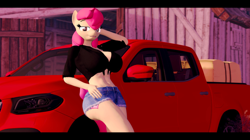 16:9 2024 3d_(artwork) 4k 5_fingers absurd_res anthro anthrofied apple_bloom_(mlp) barn bedroom_eyes big_breasts black_border border bottomwear breasts clothing cutie_mark cutoffs denim denim_bottomwear denim_clothing detailed_background digital_media_(artwork) earth_pony equid equine eyelashes female fingers friendship_is_magic fur hair hand_behind_head hasbro hay hi_res horse light_truck looking_at_viewer mammal my_little_pony narrowed_eyes outside pickup_truck pony red_hair red_tail seductive shirt shorts smile solo source_filmmaker tail themanwithaquest tied_shirt topwear truck_(vehicle) vehicle widescreen yellow_body yellow_fur