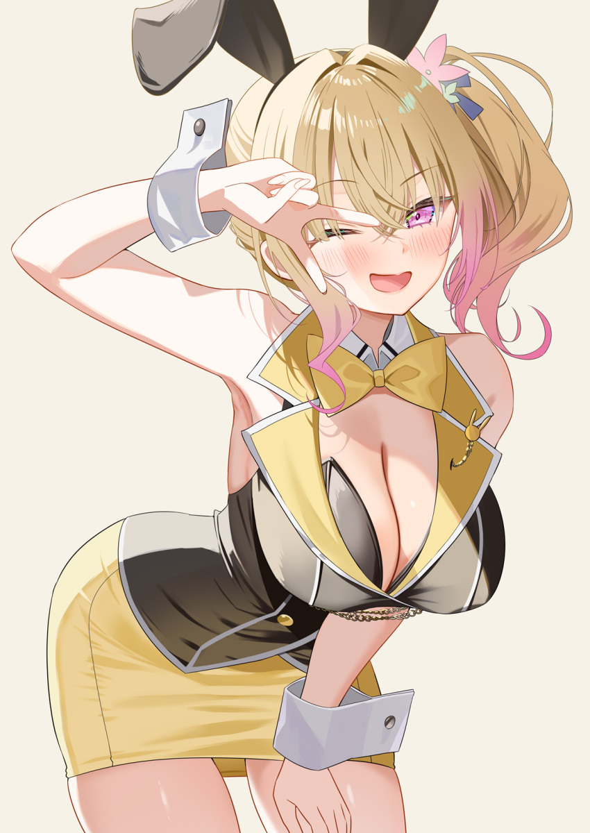 1girl animal_ears armpits bare_shoulders black_vest blonde_hair bow bowtie breasts bunny_garden cleavage collared_vest commentary_request cowboy_shot crossed_bangs fake_animal_ears gradient_hair hair_between_eyes hair_intakes highres large_breasts leaning_forward looking_at_viewer miniskirt multicolored_hair one_eye_closed open_mouth pencil_skirt pink_eyes pink_hair piyopoyo rabbit_ears rin_(bunny_garden) side_ponytail simple_background skirt smile solo v_over_eye vest white_wrist_cuffs wrist_cuffs yellow_background yellow_bow yellow_bowtie yellow_skirt