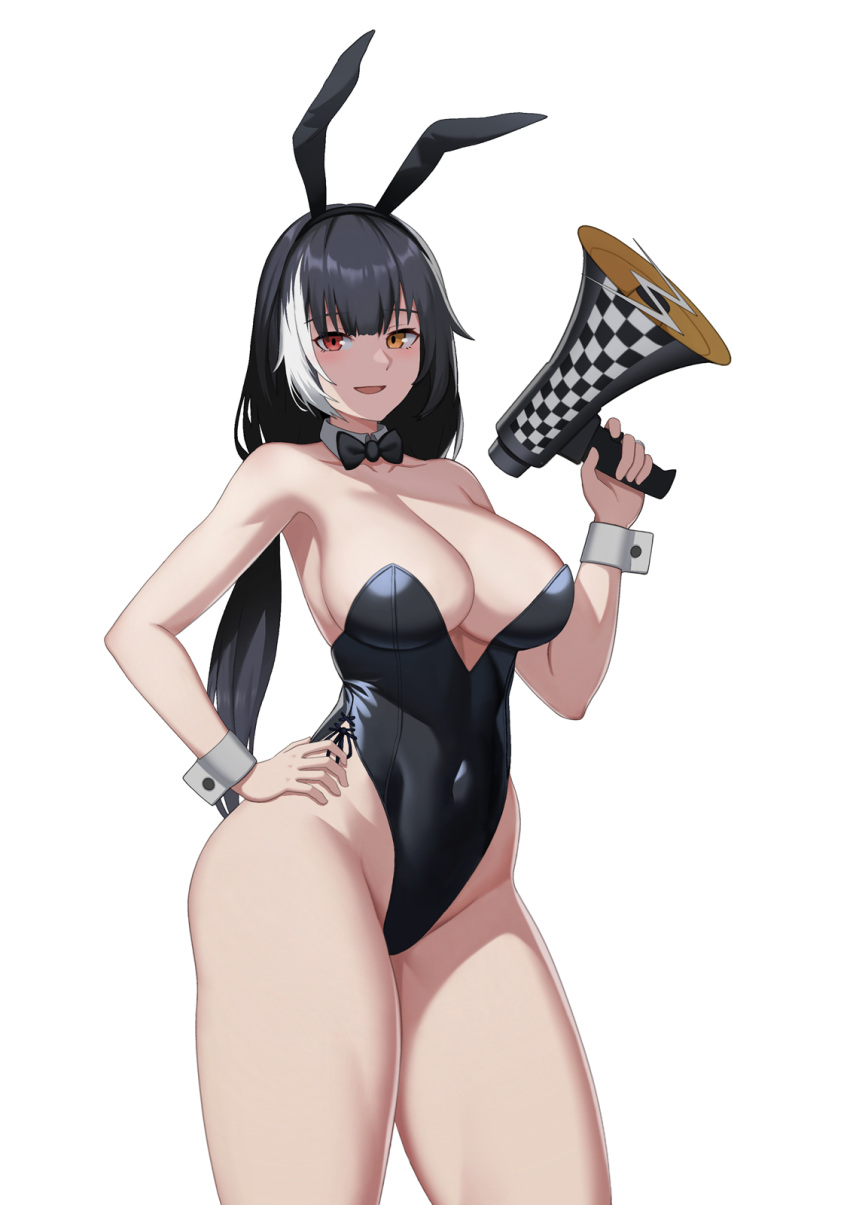 1girl alternate_costume animal_ears bare_legs bare_shoulders black_bow black_bowtie black_hair black_leotard blush bow bowtie breasts cero_(last2stage) cleavage collarbone commentary commission covered_navel cowboy_shot detached_collar english_commentary fake_animal_ears girls'_frontline hand_on_own_hip heterochromia highleg highleg_leotard highres holding large_breasts leotard long_hair multicolored_hair parted_lips playboy_bunny rabbit_ears red_eyes ro635_(girls'_frontline) simple_background smile solo streaked_hair thighs white_background white_hair wrist_cuffs yellow_eyes