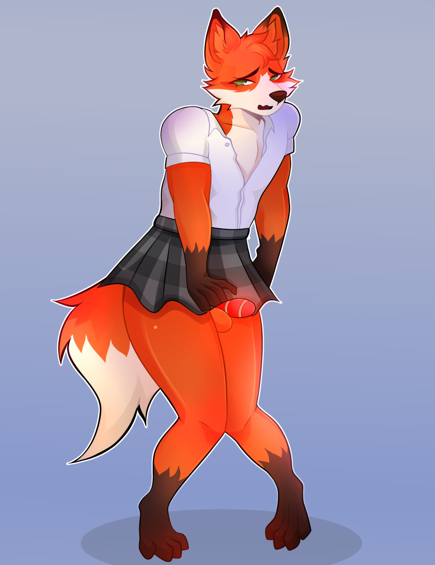 absurd_res blushing_male bottomwear bottomwear_pull canid canine chastity_cage chastity_device clothing clothing_pull embarrassed fox girly hi_res male mammal r3d_th3_fox school_uniform skirt skirt_pull solo uniform