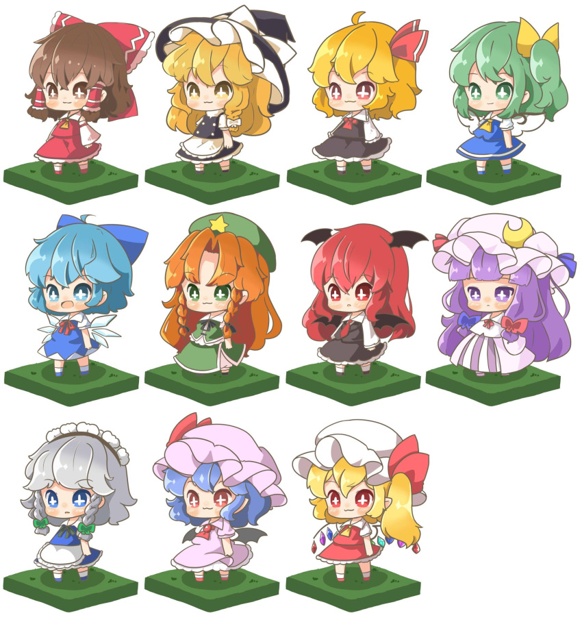 +_+ 6+girls apron ascot bat_wings black_footwear black_hat black_skirt black_vest black_wings blonde_hair blue_bow blue_dress blue_eyes blue_footwear blue_hair blue_skirt blue_vest bow braid brown_eyes brown_hair chibi cirno closed_mouth collared_shirt crescent crescent_hat_ornament daiyousei detached_sleeves detached_wings dress embodiment_of_scarlet_devil flandre_scarlet frilled_apron frilled_hair_tubes frills green_eyes green_hair green_hat green_skirt green_vest grey_hair hair_bow hair_tubes hakurei_reimu hat hat_ornament head_wings highres hong_meiling izayoi_sakuya kirisame_marisa koakuma large_hat light_smile long_hair long_sleeves medium_hair mob_cap multicolored_wings multiple_girls neck_ribbon necktie one_side_up open_mouth orange_hair patchouli_knowledge pinafore_dress pink_dress pink_hat pointy_ears puffy_short_sleeves puffy_sleeves purple_hair red_ascot red_bow red_eyes red_footwear red_hair red_necktie red_ribbon red_shirt red_skirt remilia_scarlet ribbon rumia shirt short_sleeves skirt sleeveless sleeveless_dress sleeveless_shirt socks standing star_(symbol) star_hat_ornament striped_clothes striped_dress syuyak61 tachi-e touhou twin_braids vertical-striped_clothes vertical-striped_dress very_long_hair vest white_apron white_bow white_hat white_shirt white_socks wide_sleeves wings witch_hat yellow_ascot yellow_bow yellow_eyes