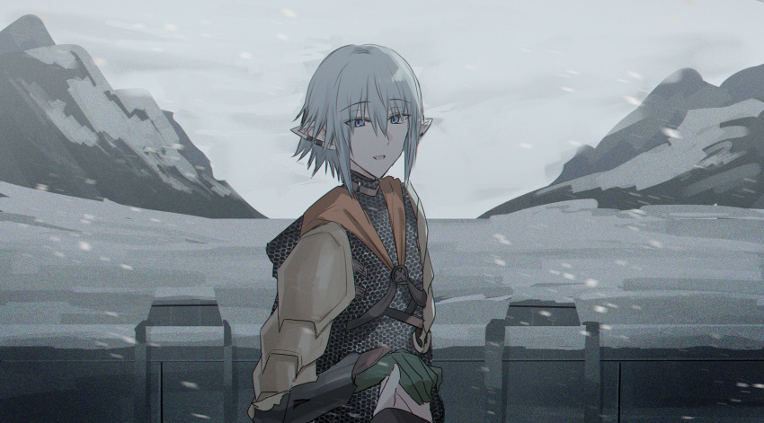 1boy 1other :d armor blue_eyes chainmail day ear_piercing final_fantasy final_fantasy_xiv gloves green_gloves grey_hair hair_between_eyes haurchefant_greystone highres kinona looking_at_viewer male_focus out_of_frame outdoors overcast pauldrons piercing pointy_ears shoulder_armor sky smile snow snowing solo_focus upper_body