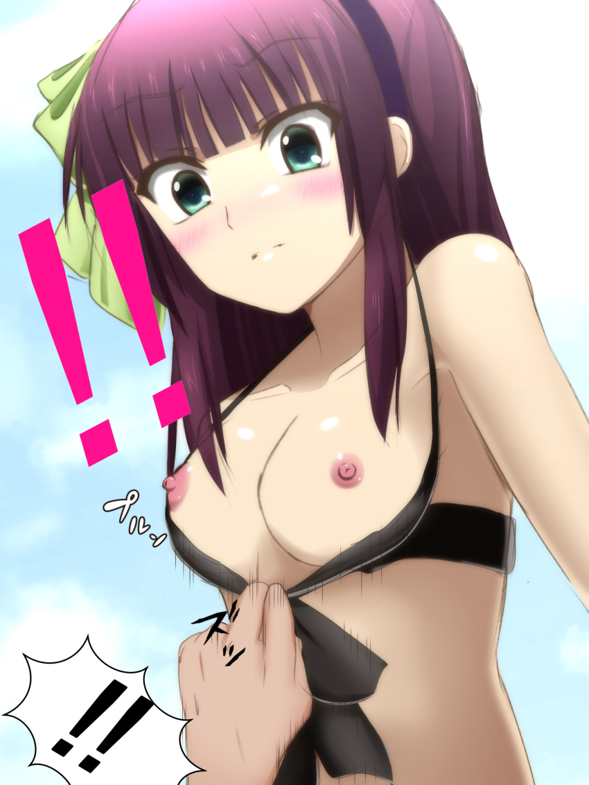 ! !! 1girl 1other accidental_pervert angel_beats! bikini bikini_pull bikini_top_pull black_bikini black_hairband blunt_bangs blush breasts cleavage closed_mouth clothes_pull collarbone commentary_request day eyes_visible_through_hair green_eyes green_ribbon hair_ribbon hairband halterneck highres lelie_(lelie_link) looking_down medium_breasts medium_hair motion_lines nakamura_yuri nipples outdoors purple_hair ribbon sidelocks solo sound_effects speech_bubble split_mouth straight_hair surprised swimsuit upper_body