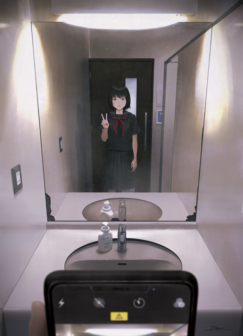 1girl 1other absurdres black_eyes black_hair black_sailor_collar black_serafuku black_shirt black_skirt blurry blurry_foreground cellphone closed_mouth commentary cowboy_shot different_reflection expressionless fracoco highres holding holding_phone indoors looking_at_viewer mirror neckerchief original phone pleated_skirt pov red_neckerchief reflection sailor_collar school_uniform serafuku shirt short_hair short_sleeves signature sink skirt smartphone solo_focus taking_picture v
