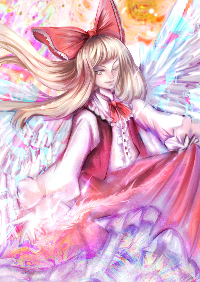 1girl angel_wings bad_id bad_twitter_id blonde_hair bow buttons center_frills closed_mouth collared_shirt colored_eyelashes commentary cowboy_shot english_commentary feathered_wings fire floating_hair frilled_bow frilled_neckerchief frilled_shirt_collar frilled_skirt frilled_sleeves frills gengetsu_(touhou) gift_art hair_bow highres lips long_hair looking_at_viewer luo_qiangwei medium_skirt neckerchief one_eye_closed open_clothes open_vest orange_background petticoat puffy_sleeves pyrokinesis red_bow red_neckerchief red_skirt red_vest shirt skirt skirt_hold skirt_set smile solo spread_wings touhou touhou_(pc-98) vest white_shirt white_sleeves white_wings wings yellow_eyes