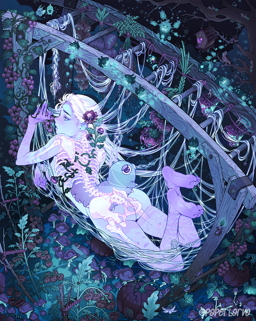 1girl aqua_nails ass blue_skin bug colored_skin completely_nude flower highres leaf long_hair nude original paperlarva plant profile purple_flower see-through_body skeleton solo surreal white_hair wide_shot