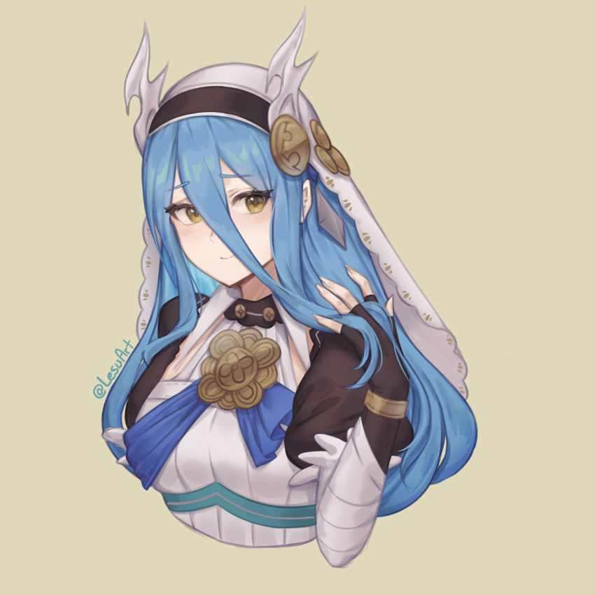 1girl absurdres azura_(fire_emblem) azura_(song's_reflection)_(fire_emblem) blue_hair cropped_torso fake_horns fingerless_gloves fire_emblem fire_emblem_fates fire_emblem_heroes gloves hair_between_eyes hairband highres horns juliet_sleeves lesu long_hair long_sleeves official_alternate_costume puffy_sleeves simple_background smile solo twitter_username very_long_hair yellow_eyes