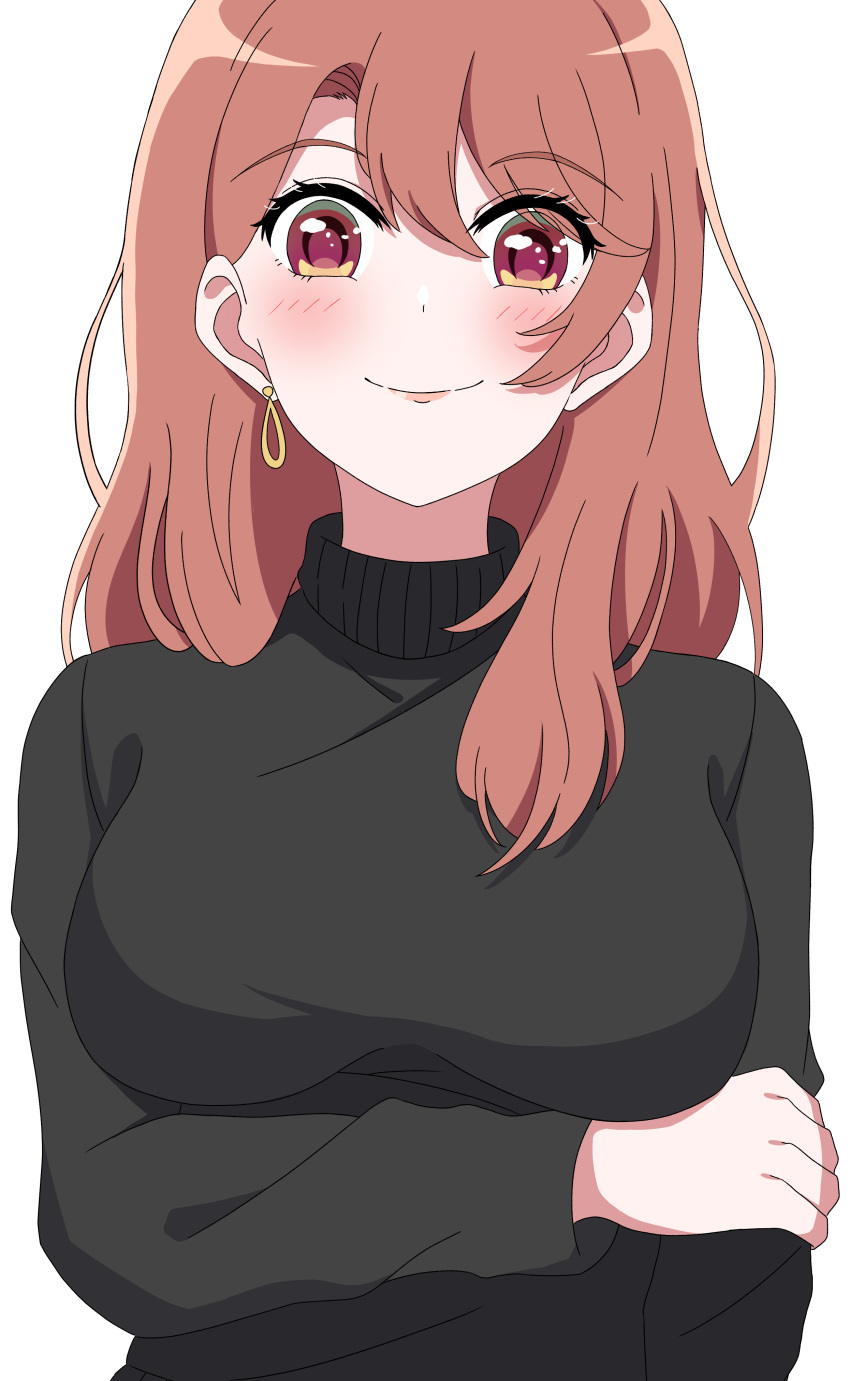 1girl absurdres arm_under_breasts black_sweater blush breasts earrings hair_between_eyes highres holding_own_arm jewelry large_breasts long_hair looking_at_viewer oshi_no_ko pink_hair red_eyes saitou_miyako shigiri941 simple_background single_earring smile solo sweater turtleneck turtleneck_sweater white_background