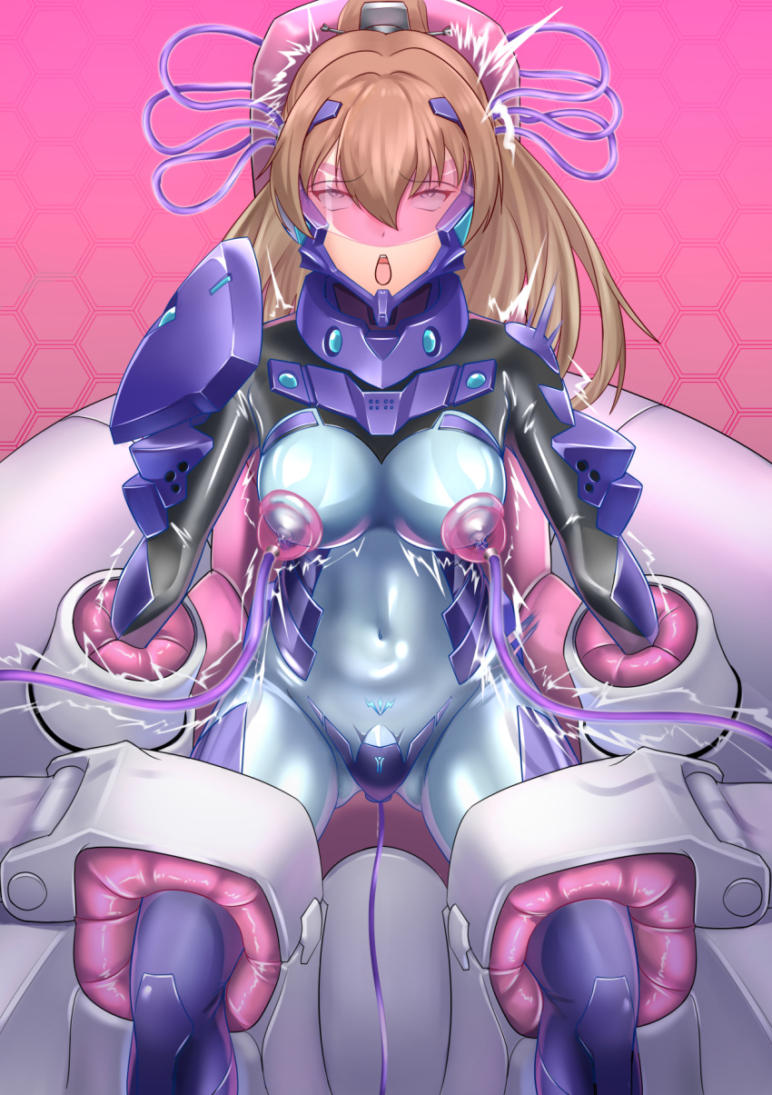 1girl ahegao alternate_costume armored_bodysuit bodysuit breasts brown_hair covered_navel fortified_suit highres impossible_bodysuit impossible_clothes kantai_collection kumano_(kancolle) large_breasts long_hair mind_control open_mouth pilot_suit ponytail restrained sex_machine skin_tight solo stationary_restraints very_long_hair wata_nuki