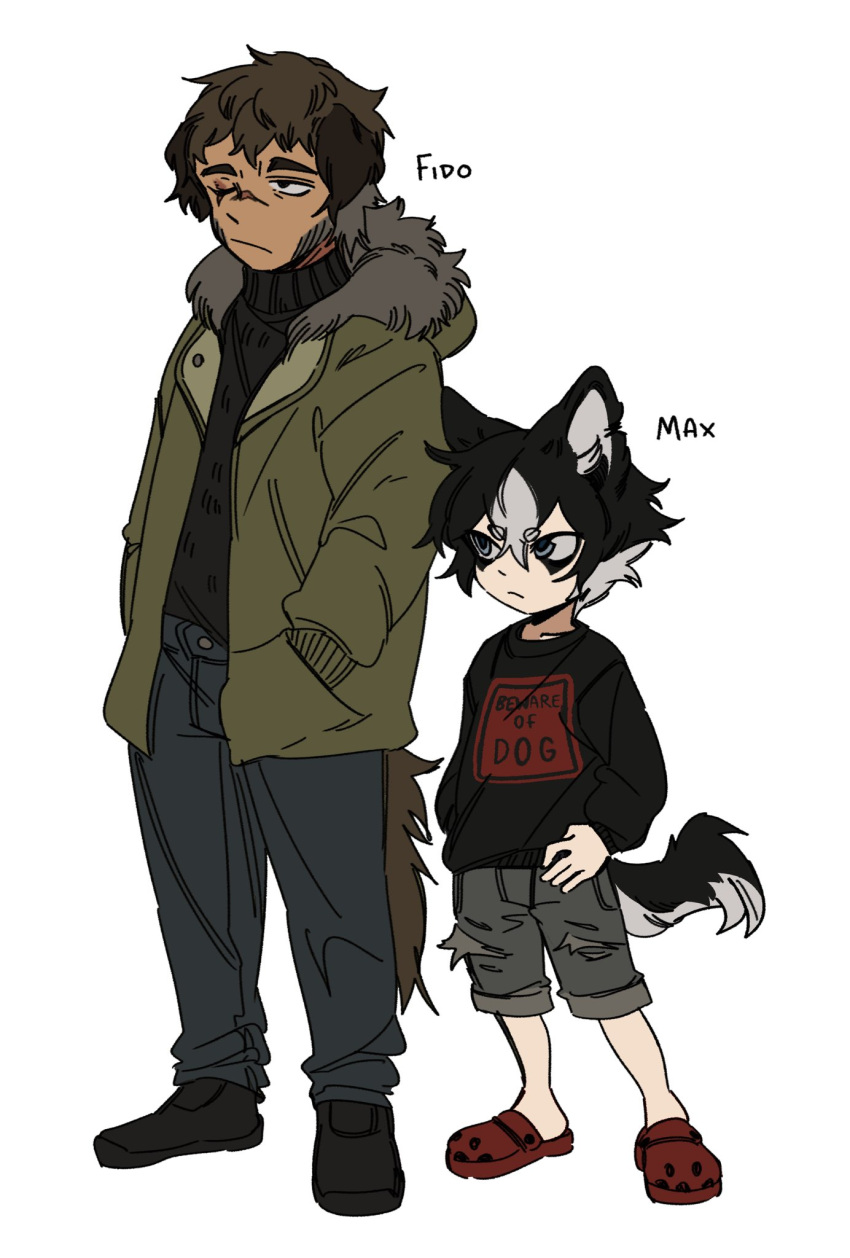 2boys animal_ears black_eyes black_footwear black_hair black_sweater brown_eyes character_name crocs deviidog0 dog_boy dog_ears dog_tail english_commentary full_body fur-trimmed_jacket fur_trim green_jacket grey_hair grey_shorts hand_on_own_hip hands_in_pockets highres jacket long_sleeves male_focus multicolored_hair multiple_boys one_eye_closed original pants red_footwear scar scar_across_eye scar_on_face scar_on_nose shoes short_hair shorts sideburns simple_background standing sweater tail turtleneck turtleneck_sweater two-tone_hair white_background