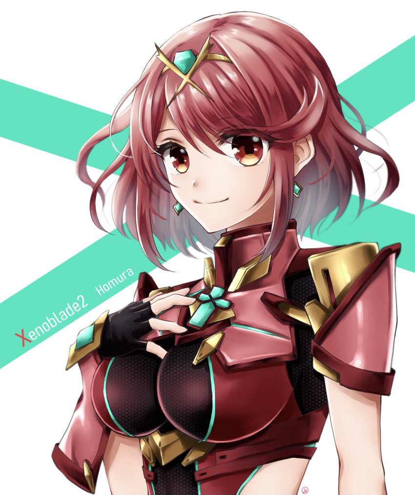 1girl breasts character_name circlet closed_mouth copyright_name core_crystal_(xenoblade) earrings highres impossible_clothes jasumin_cha jewelry large_breasts looking_at_viewer medium_hair pyra_(xenoblade) red_eyes red_hair short_sleeves smile solo swept_bangs upper_body white_background xenoblade_chronicles_(series) xenoblade_chronicles_2