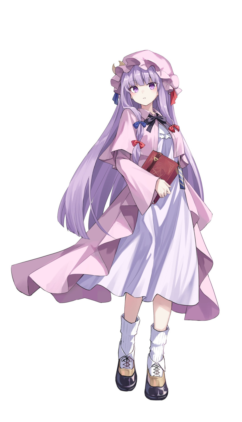 1girl absurdres black_bow black_bowtie blue_bow book bow bowtie commentary_request crescent crescent_hat_ornament dress hair_bow hat hat_ornament highres holding holding_book kure~pu long_hair long_sleeves looking_at_viewer mob_cap patchouli_knowledge purple_dress purple_eyes purple_hair red_bow socks solo touhou very_long_hair white_socks