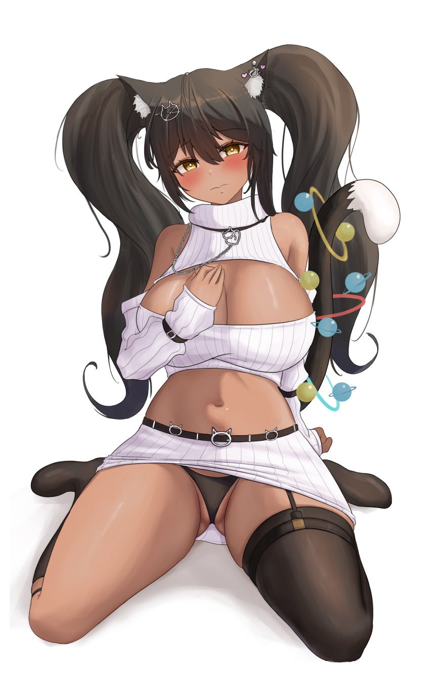 1girl absurdres animal_ear_fluff animal_ears asymmetrical_legwear belt black_belt black_hair black_panties black_thighhighs breasts brown_eyes cat_ears cat_girl cat_tail cleavage cleavage_cutout closed_mouth clothing_cutout cropped_sweater dark-skinned_female dark_skin detached_sleeves garter_straps gnort hair_between_eyes hair_ornament highres indie_virtual_youtuber kneehighs large_breasts long_hair mismatched_legwear navel panties ribbed_skirt ribbed_sleeves ribbed_sweater second-party_source single_garter_strap skirt socks solo sweater tail tail_ornament thighhighs trinity_(vtuber) twintails underwear white_skirt white_sleeves white_sweater