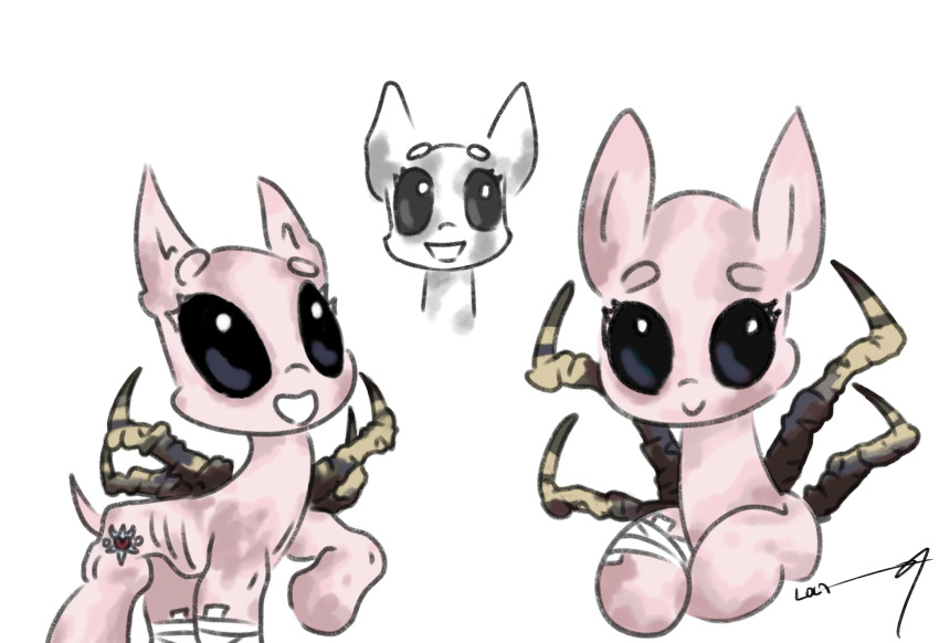 4_horns bandage bandaged_leg black_eyes cutie_mark equid equine fan_character female hairless hasbro hi_res horn horse malnourished mammal maneless markings multi_horn my_little_pony pink_body pony ribs simple_background skinny solo spots spotted_body tuskonline white_background