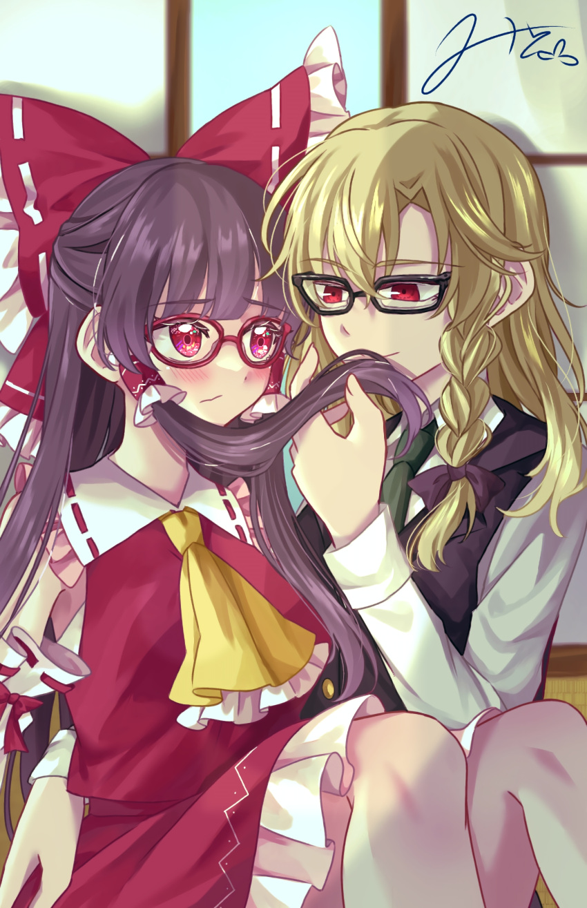 2girls ascot bespectacled black-framed_eyewear blonde_hair blush bow braid brown_hair closed_mouth commentary_request detached_sleeves frilled_bow frilled_hair_tubes frills glasses green_necktie hair_bow hair_tubes hakurei_reimu highres kirisame_marisa long_hair long_sleeves mito_(fate) multiple_girls necktie no_headwear purple_bow red-framed_eyewear red_bow red_eyes red_skirt ribbon-trimmed_sleeves ribbon_trim shirt side_braid signature single_braid sitting sitting_on_lap sitting_on_person skirt skirt_set smelling_hair smile touhou white_shirt yellow_ascot yuri