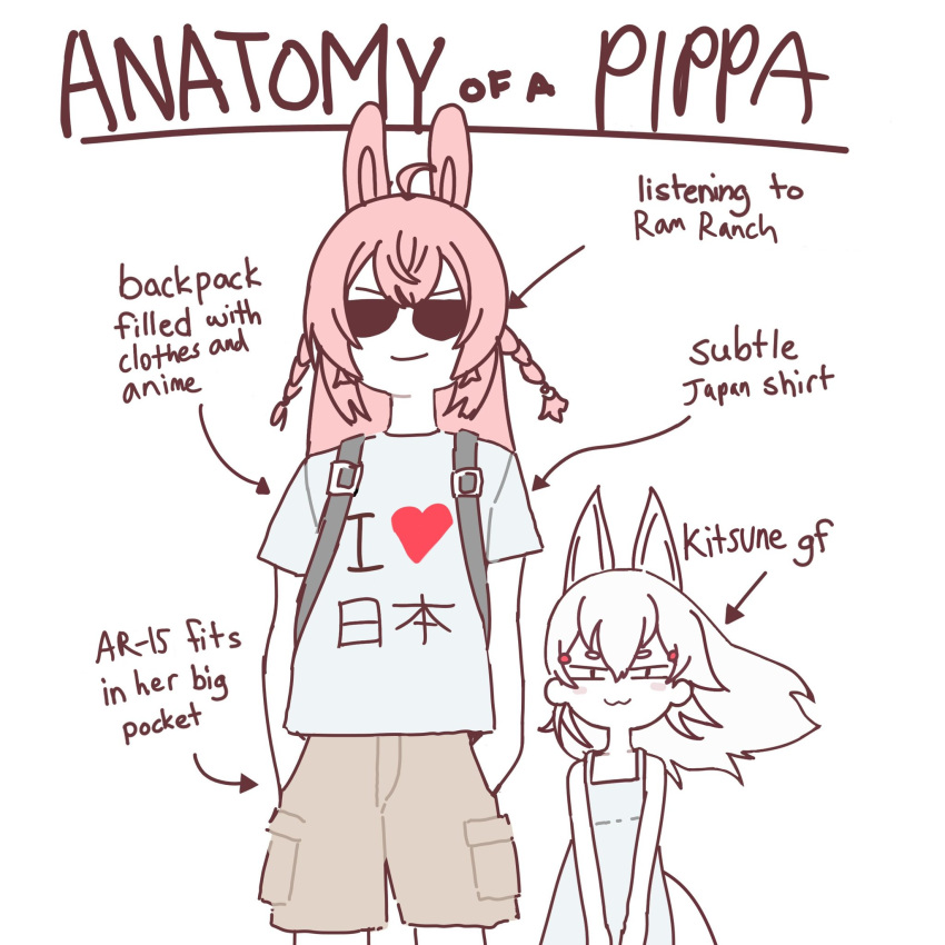 2girls anatomy_of_a_gamer_(meme) animal_ears blush braid brown_pants dress english_text fox_ears fox_girl fox_tail hair_ornament height_difference highres long_hair looking_at_viewer meme multiple_girls pants phase_connect pink_hair pipkin_pippa rabbit_ears rabbit_girl sand_eater34 shirt simple_background smile tail tenma_maemi text_print virtual_youtuber white_background white_hair