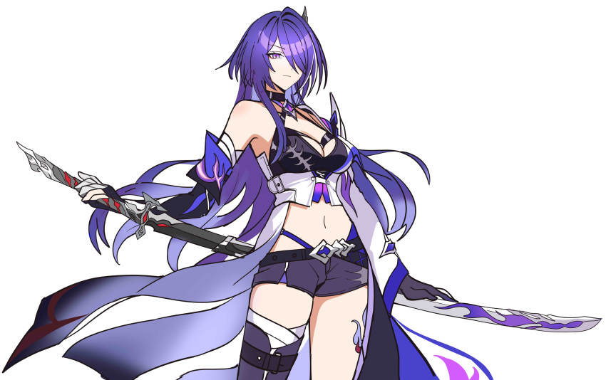 1girl absurdres acheron_(honkai:_star_rail) asymmetrical_sleeves black_gloves blue_coat blue_eyes blue_hair blue_shorts breasts claw_ring cleavage closed_mouth coat commentary elbow_gloves freerun79 gloves gradient_clothes hair_over_one_eye highres holding holding_sword holding_weapon honkai:_star_rail honkai_(series) katana large_breasts looking_at_viewer midriff navel short_shorts shorts simple_background single_bare_shoulder solo stomach sword waistcoat weapon weapon_behind_back white_background