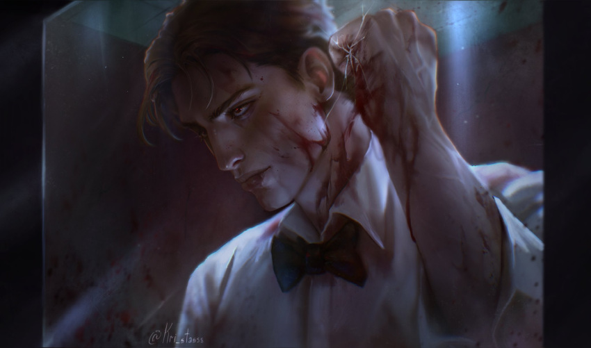1boy artist_name black_bow black_bowtie blood blood_on_arm blood_on_clothes blood_on_face blood_on_neck bow bowtie brown_eyes brown_hair closed_mouth collared_shirt crack cracked_glass dark francis_mosses hand_up highres indoors kri_stasss long_sleeves looking_to_the_side male_focus red_pupils shirt short_hair solo that's_not_my_neighbor twitter_username uniform upper_body veins very_short_hair window
