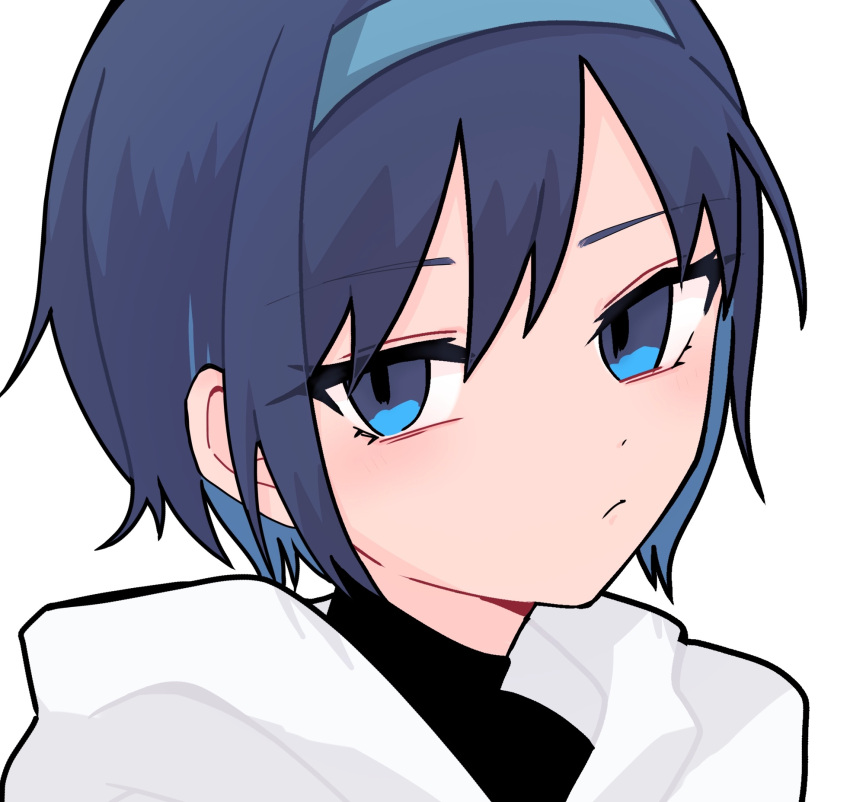 1girl alternate_costume black_shirt blue_eyes blue_hair cevio closed_mouth empty_eyes frown glaring highres hood hood_down hoodie looking_at_viewer portrait santou_(san3tou) shirt short_hair simple_background solo suzuki_tsudumi turtleneck turtleneck_shirt white_background white_hoodie