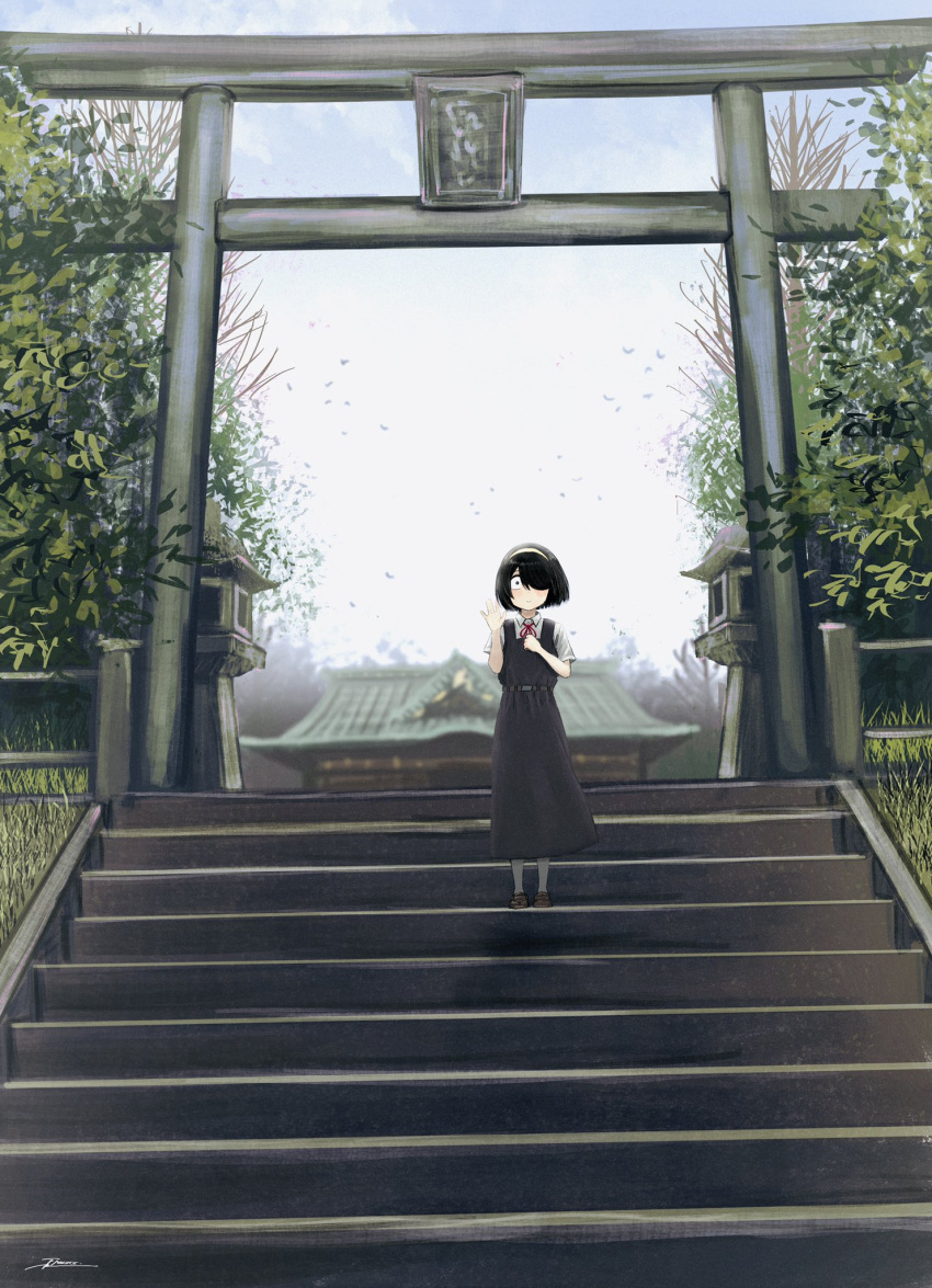 architecture black_dress black_eyes black_hair blue_sky commentary_request dress east_asian_architecture fracoco hair_over_one_eye hand_on_own_chest highres original pinafore_dress short_hair shrine signature sky sleeveless sleeveless_dress stairs stone_stairs torii tree waving