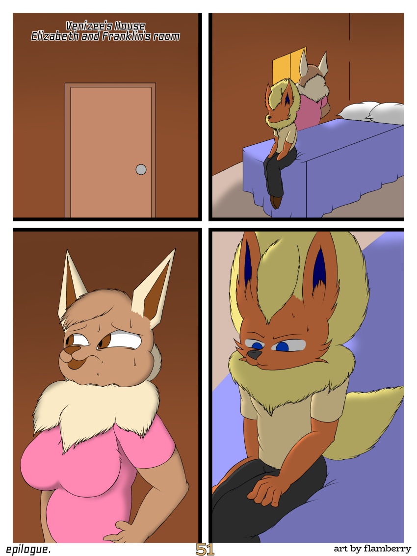 3:4 absurd_res anthro big_breasts blonde_hair bodily_fluids breasts brown_body brown_eyes canid canine clothed clothing digital_drawing_(artwork) digital_media_(artwork) duo eevee eeveelution elizabeth_venizee english_text female flamberry_(artist) flareon franklin_flare fur generation_1_pokemon hair hi_res male male/female mammal nintendo pokemon pokemon_(species) simple_background sweat tail text worried