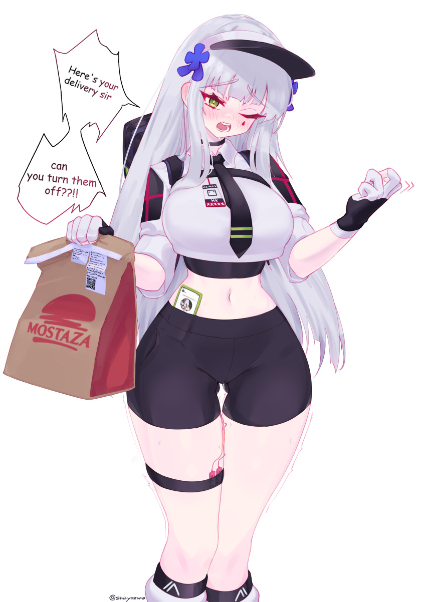 1girl absurdres alternate_costume bag bike_shorts black_choker black_gloves black_necktie blush cellphone choker cowboy_shot cross_hair_ornament english_text eyebrows_hidden_by_hair food_delivery_box girls'_frontline gloves green_eyes hair_ornament highres hk416_(girls'_frontline) holding holding_bag id_card long_hair looking_at_viewer necktie one_eye_closed open_mouth paper_bag partially_fingerless_gloves phone pussy_juice sex_toy shinyozura simple_background smartphone solo speech_bubble teardrop_facial_mark teardrop_tattoo teeth thigh_strap twitter_username two-tone_gloves vibrator visor_cap white_background white_gloves white_hair