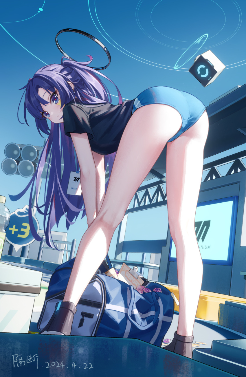 artist_name ass bare_legs bent_over black_footwear black_shirt blue_archive blue_buruma blush breasts buruma commentary dated drone geduan half_updo halo highres kneepits lanyard leaning_forward logo long_hair medium_breasts notepad official_alternate_costume purple_eyes purple_hair revision shirt short_sleeves signature star_(symbol) star_sticker sticker_on_face very_long_hair yuuka_(blue_archive) yuuka_(track)_(blue_archive)