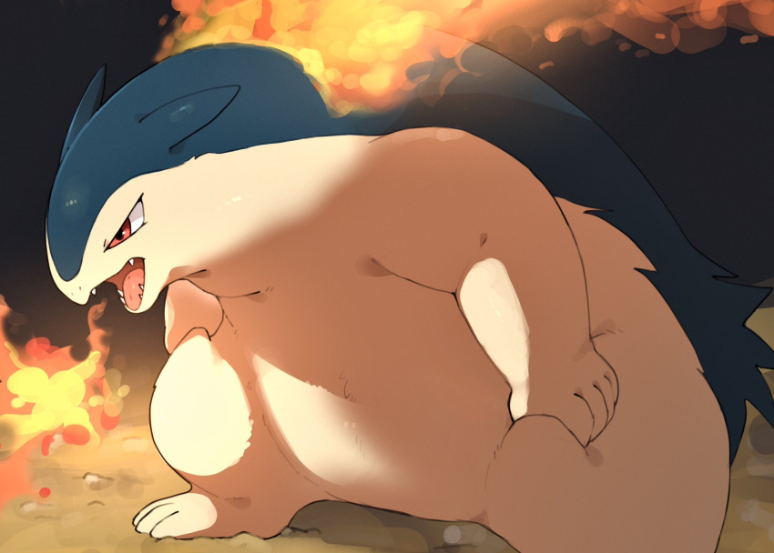 black_fur dark_background dorobo_93 fire foot_out_of_frame highres no_humans pokemon pokemon_(creature) red_eyes sharp_teeth solo squatting standing teeth typhlosion yellow_fur