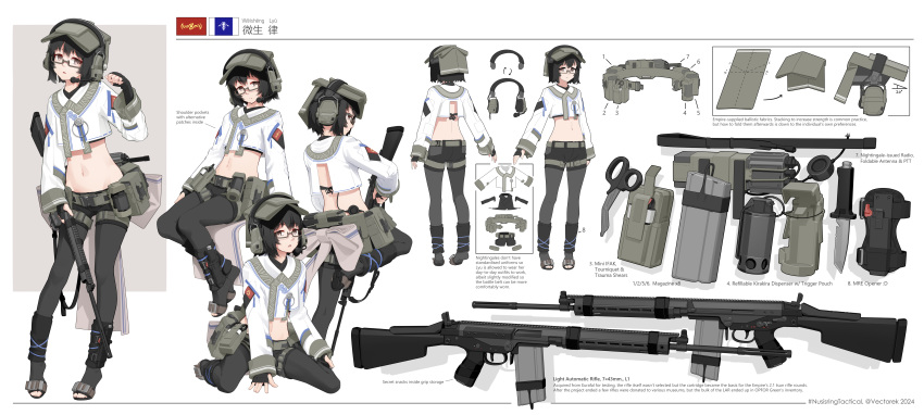 1girl absurdres ammunition_pouch battle_rifle belt black_gloves black_hair black_pantyhose character_name combat_knife crop_top crossed_ankles fn_fal glasses gloves gun headset highres kneeling knife leg_up looking_at_viewer midriff military multiple_views navel nusisring_tactical original pantyhose pouch radio reference_sheet rifle scissors short_hair tactical_clothes tiptoes vectorek weapon weisheng_lyu