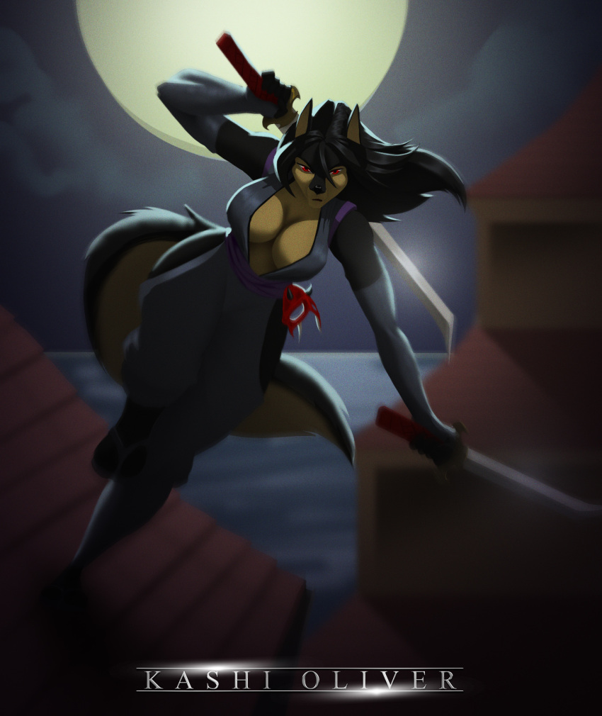 anthro black_hair breasts canid canine cloud colored ears_up female fox grey_eyes hair hi_res kashioliverart light looking_at_viewer mammal mask melee_weapon moon moonlight ninja ninja_suit noh_mask oni_mask rooftop sea solo standing sword tail the_sake_ninja true_fox warrior water wave weapon